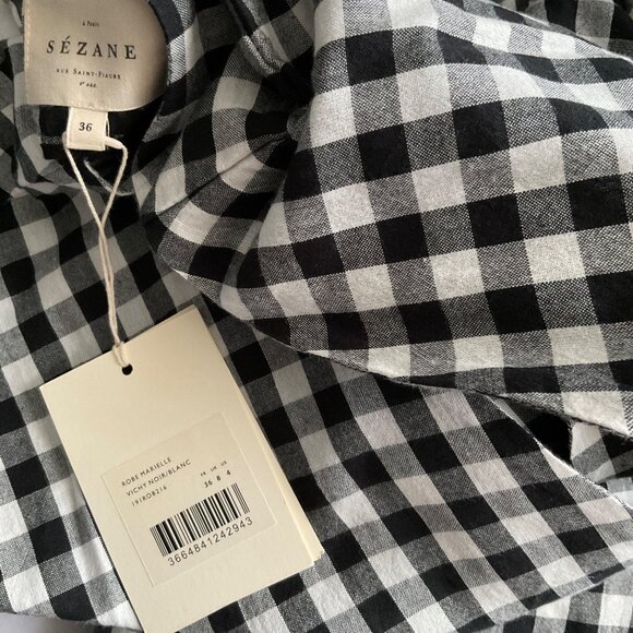 NWT Sezane MARIELLE midi DRESS Black White cotton gingham plaid 36SZ4 bust34 - Picture 8 of 8